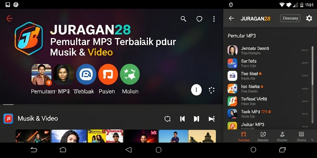 Antarmuka pengguna JURAGAN28 saat memutar MP3 dengan fitur lengkap.