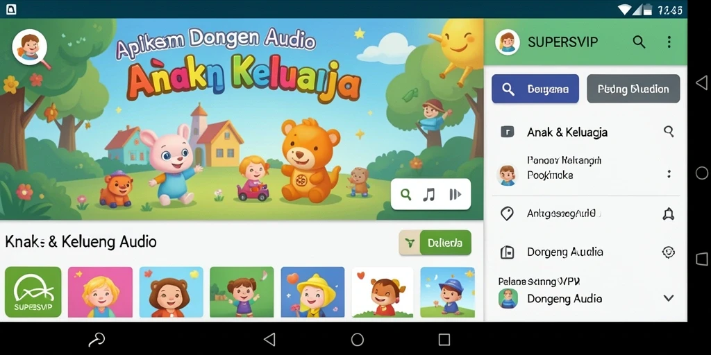 Antarmuka aplikasi SUPERSVIP yang ramah anak dengan berbagai pilihan dongeng audio.